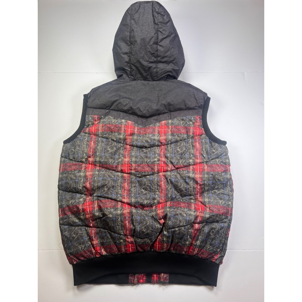 Abercrombie & Fitch Puffer Vest Men XXXXL Red Grey Plaid Hooded Full Zip Quilted - Picture 4 of 4